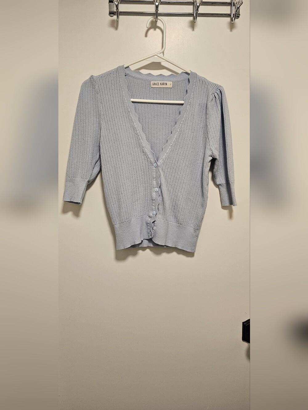 Grace Karin Size S Light Blue V-Neck Ribbed Button-Front Cardigan